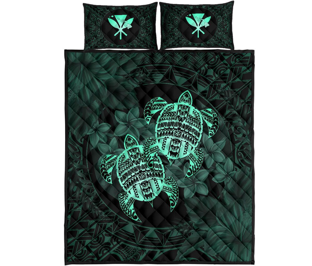 Hawaii Quilt Bed Set - Turtle Strong Pattern Hibiscus Plumeria Turquoise AH - Polynesian Pride