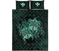 Hawaii Quilt Bed Set - Turtle Strong Pattern Hibiscus Plumeria Turquoise AH - Polynesian Pride