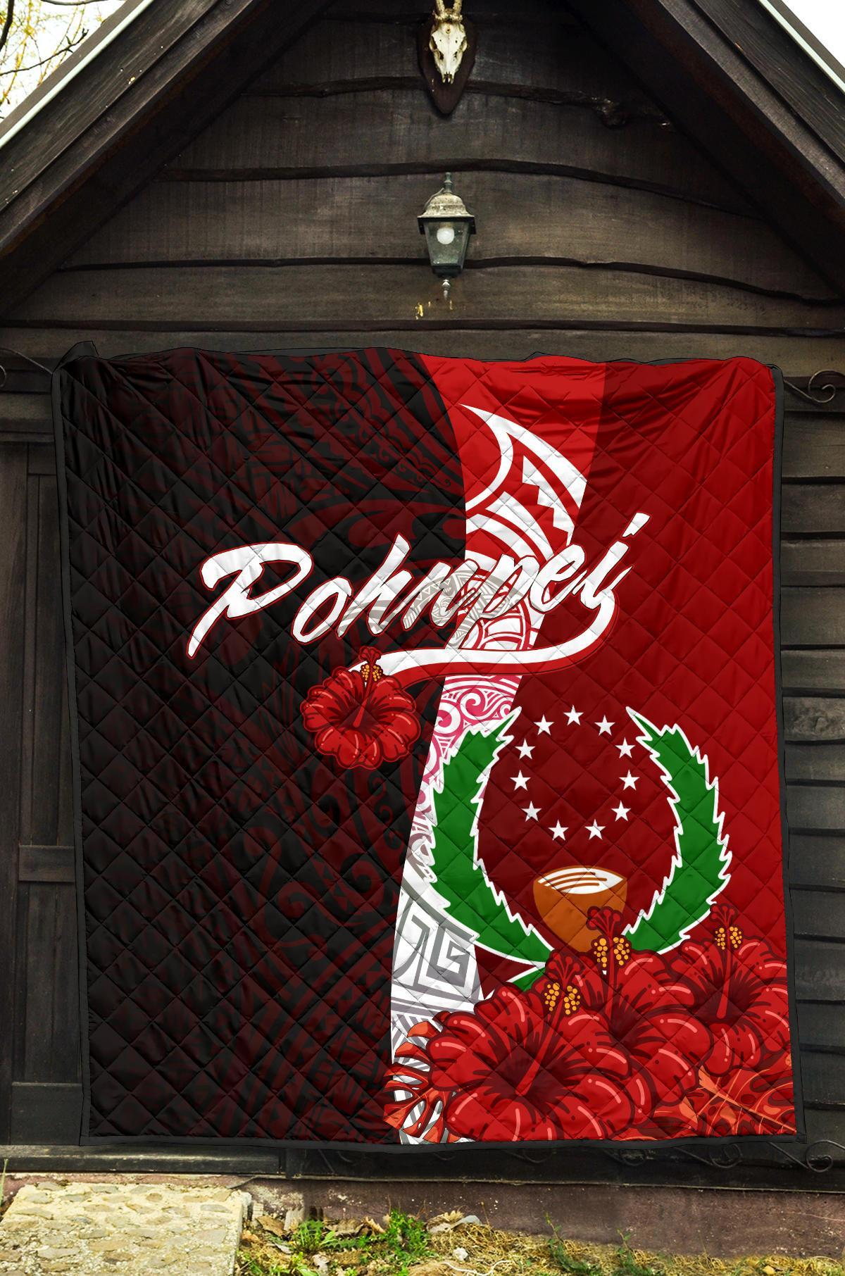 Pohnpei Micronesia Premium Quilt - Coat Of Arm With Hibiscus - Polynesian Pride