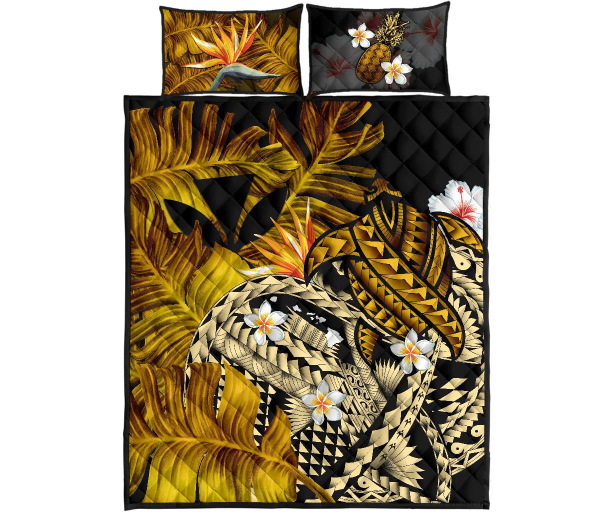 Kanaka Maoli (Hawaiian) Quilt Bed Set, Polynesian Pineapple Banana Leaves Turtle Tattoo Yellow Yellow - Polynesian Pride