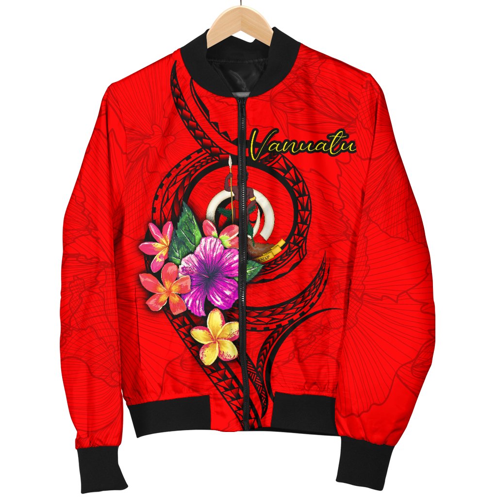 Vanuatu Polynesian Men's Bomber Jacket - Floral With Seal Red - Polynesian Pride