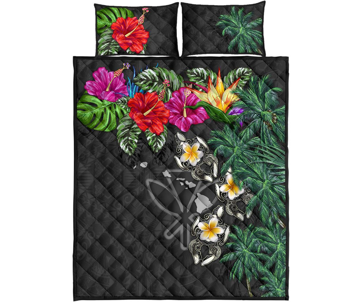 Kanaka Maoli (Hawaiian) Quilt Bed Set - Hibiscus Turtle Tattoo Gray Art - Polynesian Pride