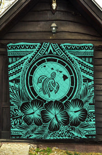 Hawaii Premium Quilt - Hawaii Map Honu Hibiscus Turquoise Polynesian Premium Quilt - Polynesian Pride
