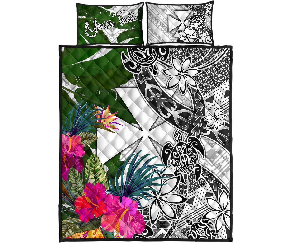 Wallis And Futuna Custom Personalised Quilt Bet Set White - Turtle Plumeria Banana Leaf - Polynesian Pride