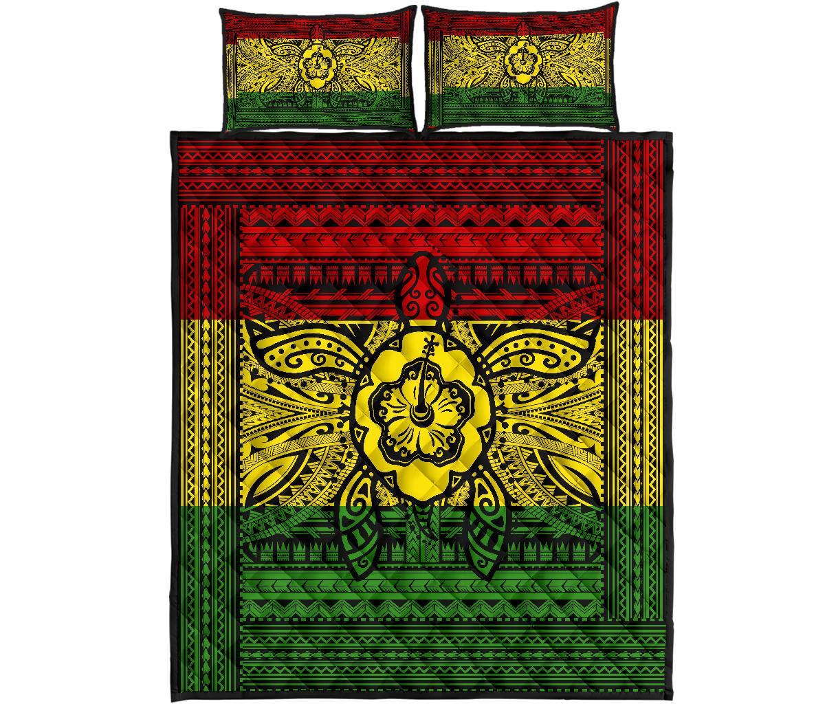 Hawaii Polyensian Kanaka Flag Turtle Quilt Bed Set Red - Polynesian Pride