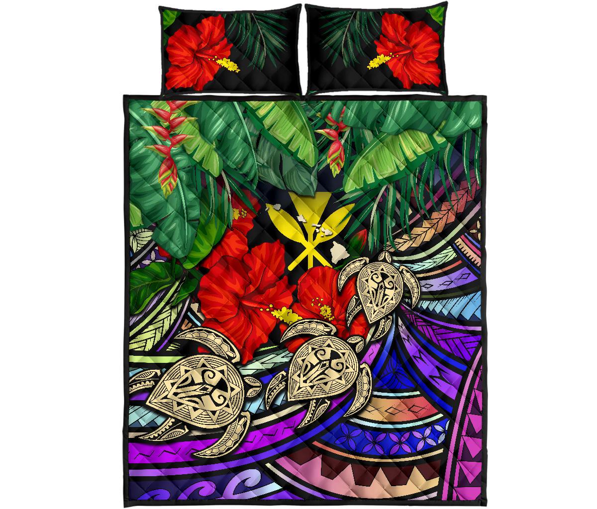 Kanaka Maoli (Hawaiian) Quilt Bed Set - Polynesian Turtle Colorful And Hibiscus Coloful - Polynesian Pride