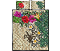 Niue Polynesian Quilt Bed Set - Hibiscus Turtle Tattoo Beige - Polynesian Pride