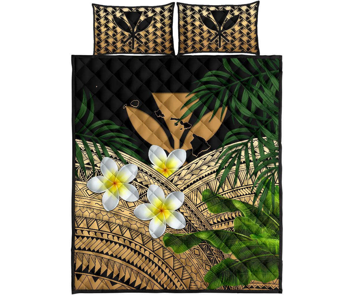 Kanaka Maoli (Hawaiian) Quilt Bed Set, Polynesian Plumeria Banana Leaves Gold Gold - Polynesian Pride