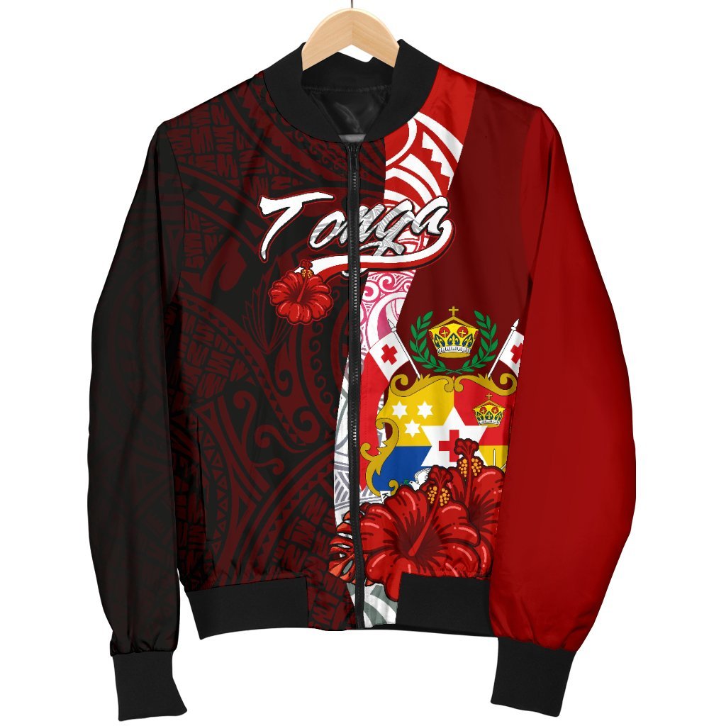 Tonga Polynesian Men's Bomber Jacket - Coat Of Arm With Hibiscus - Polynesian Pride