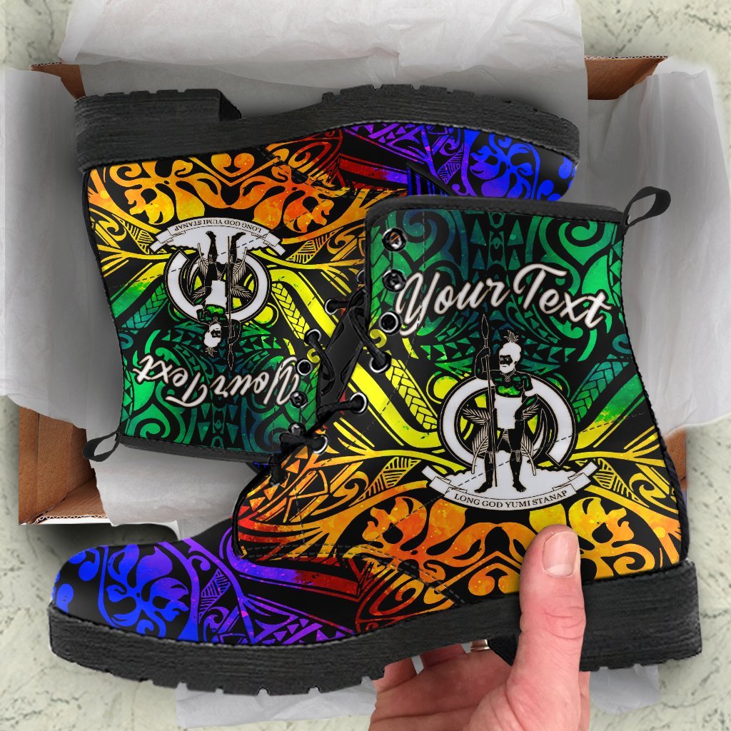 Vanuatu Custom Personalised Leather Boots - Rainbow Polynesian Pattern Rainbow - Polynesian Pride