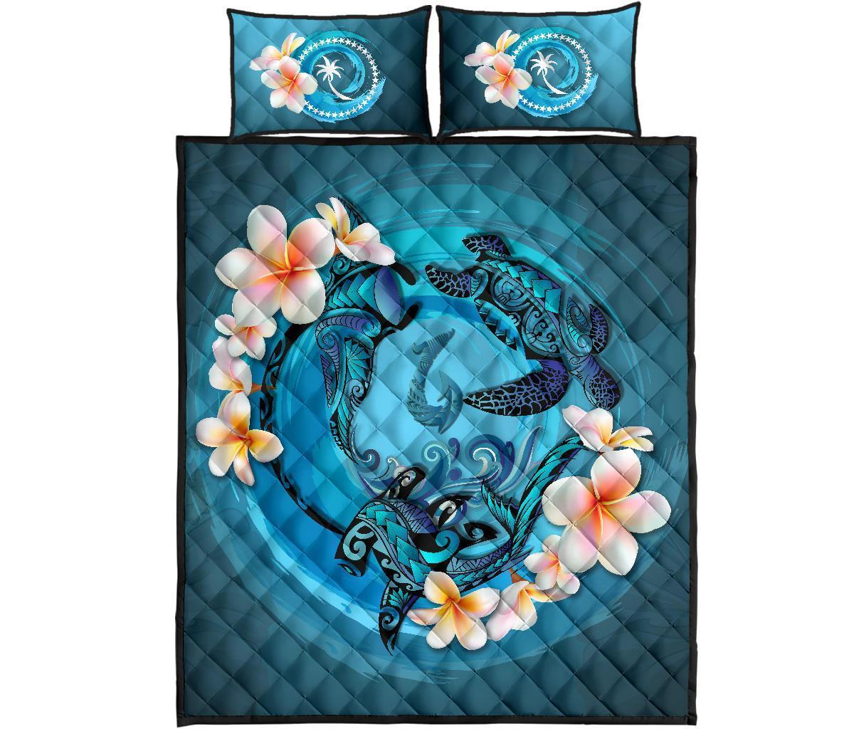 Chuuk Polynesian Quilt Bed Set - Blue Plumeria Animal Tattoo - Polynesian Pride