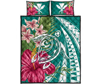 Hawaii Polynesian Turtle Tropical Hibiscus Plumeria Quilt Bed Set - Turquoise Turquoise - Polynesian Pride
