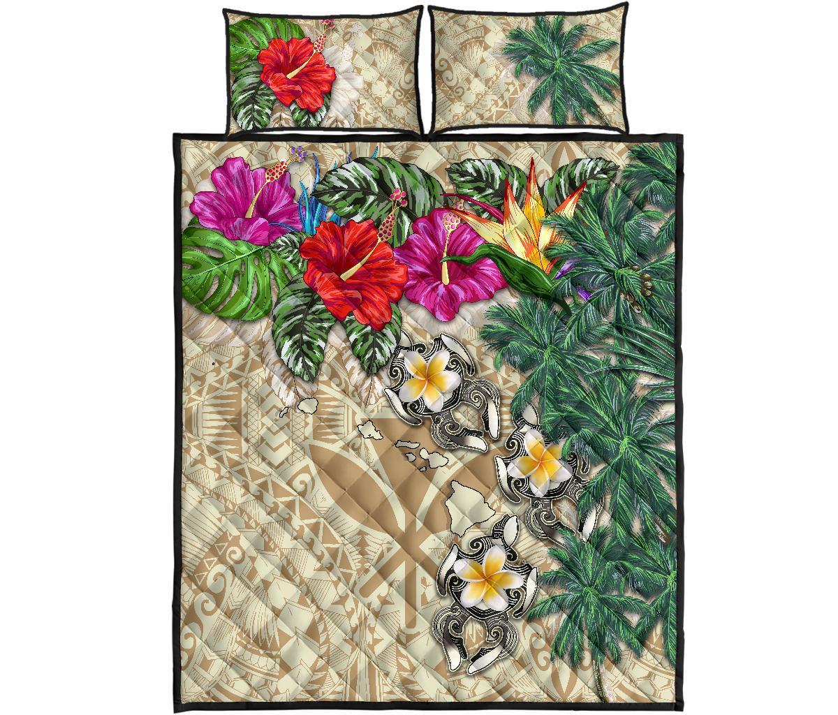 Kanaka Maoli (Hawaiian) Polynesian Quilt Bed Set - Hibiscus Turtle Tattoo Beige Beige - Polynesian Pride