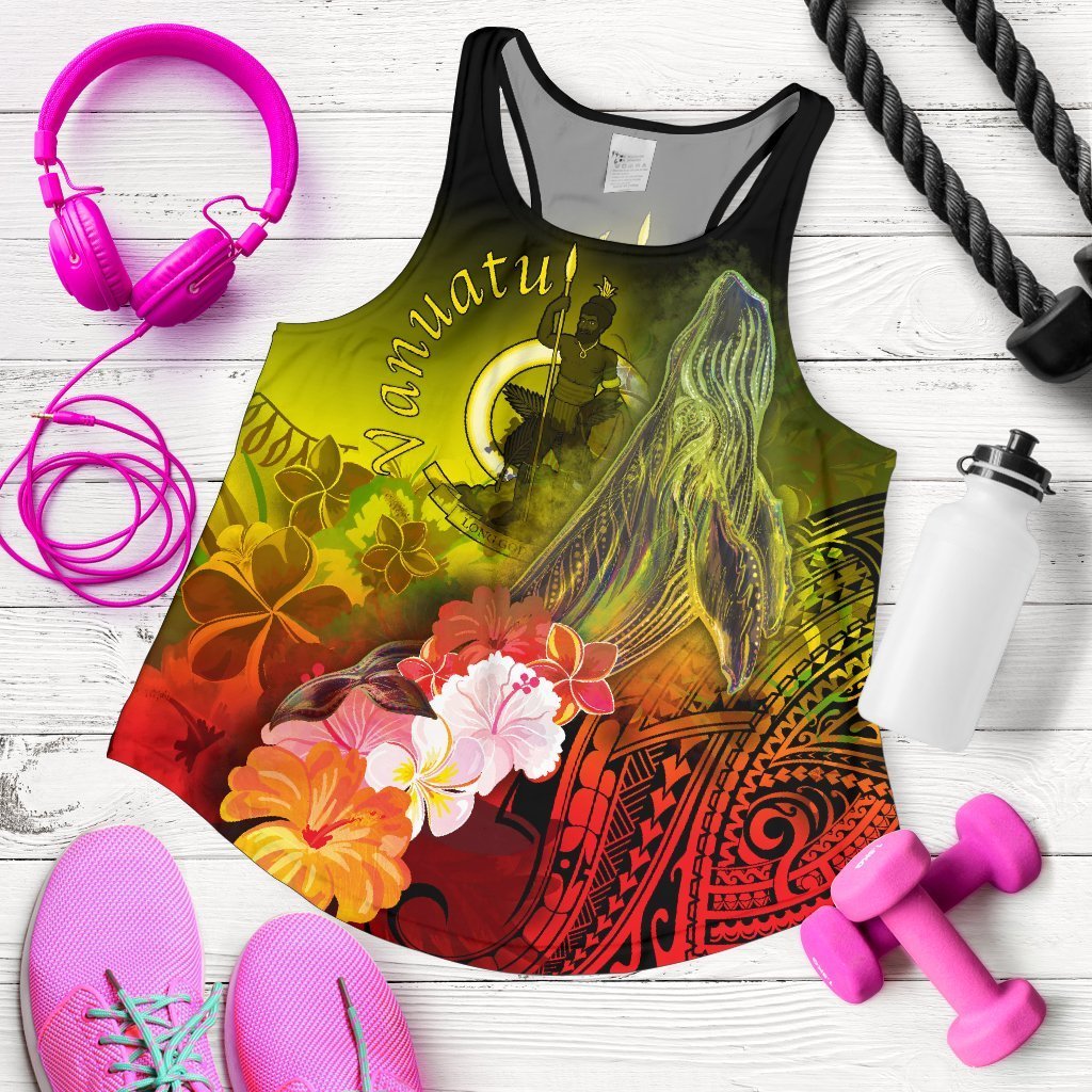 Vanuatu Custom Personalised Woman's Racerback Tank Top - Humpback Whale with Tropical Flowers (Yellow) Yellow - Polynesian Pride