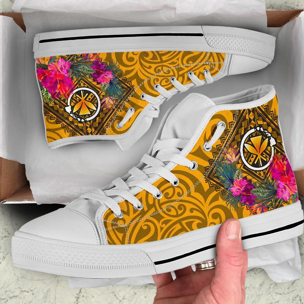 Hawaii High Top Shoes - Kanaka Maoli With Hibiscus On Polynesian Patterns (YELLOW) Unisex White - Polynesian Pride