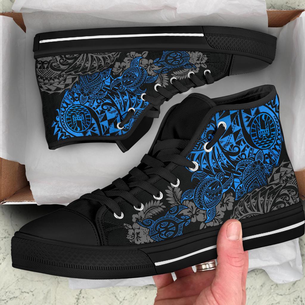 Tahiti Polynesian High Top Shoes - Blue Turtle Hibiscus Flowing - Polynesian Pride