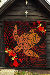 Hawaii Hibiscus Polynesian Red Big Turtle Premium Quilt - Polynesian Pride