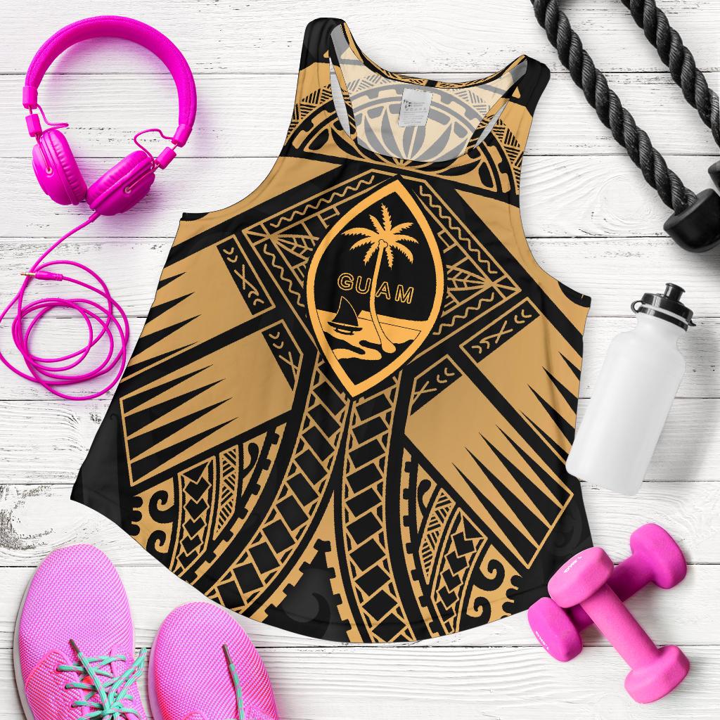 Guam Polynesian Women's Racerback Tank - Guam Gold Seal with Polynesian Tattoo - Polynesian Pride