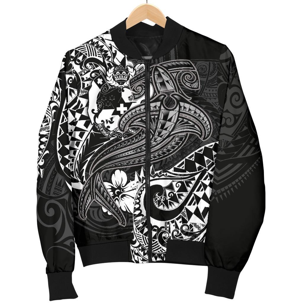 Tonga Men's Bomber Jacket - White Shark Polynesian Tattoo - Polynesian Pride