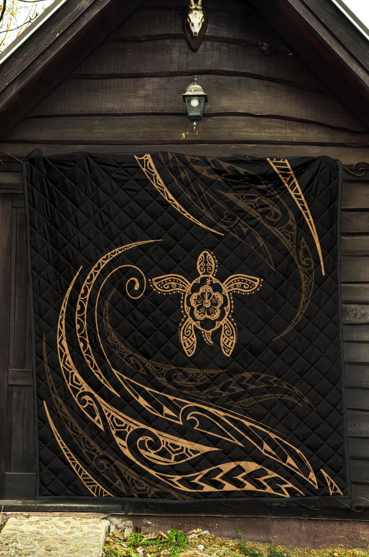 Hawaii Turtle Hibicus Premium Quilt - Frida Style - Gold - Polynesian Pride