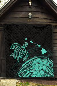 Hawaii Map Plumeria Polynesian Turquoise Premium Quilt - Polynesian Pride