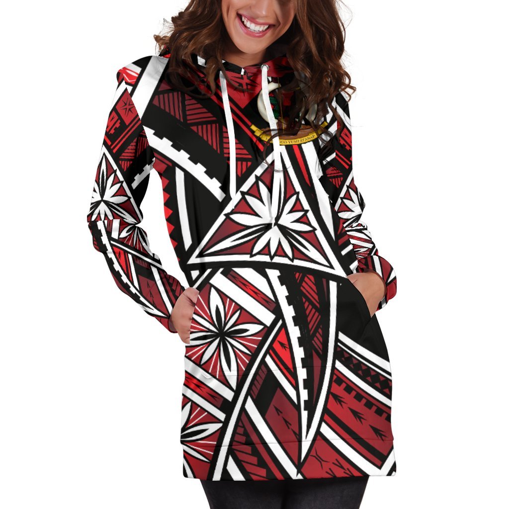 Vanuatu Women's Hoodie Dress - Tribal Flower Special Pattern Red Color - Polynesian Pride