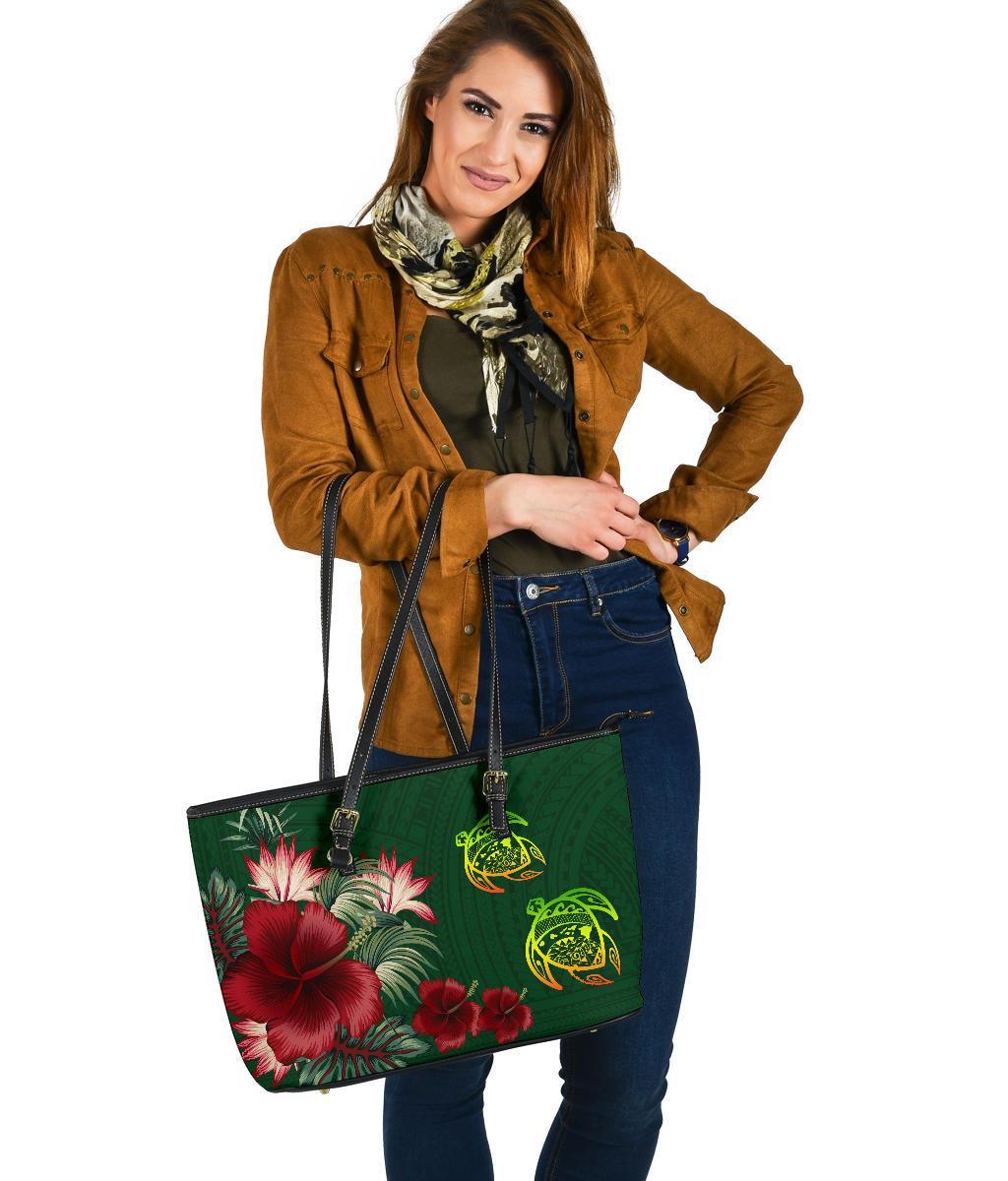Hawaii Large Leather Tote - Turtle Hibiscus Pattern Hawaiian Large Leather Tote - Green - Polynesian Pride