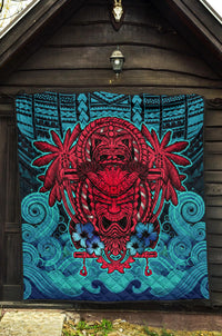Hawaii Polynesian Premium Quilt - Hawaiian Red Tiki Face (Black Torquoise) - Polynesian Pride