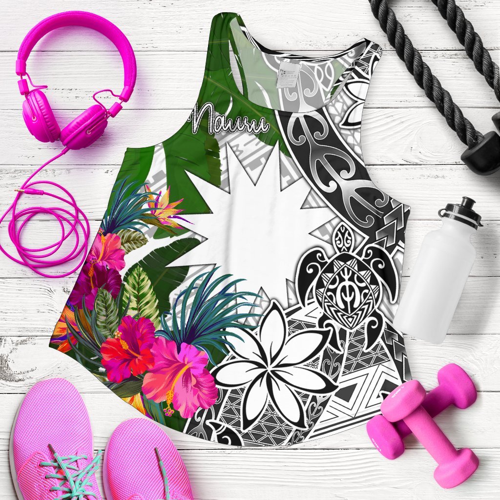 Nauru Women's Racerback Tank White - Turtle Plumeria Banana Leaf White - Polynesian Pride