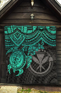 Hawaii Polynesian Premium Quilt - Kanaka Maoli & Turquoise Turtle Hibiscus - Polynesian Pride