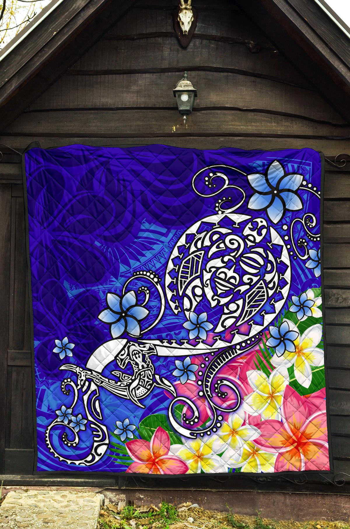 Polynesian Premium Quilt - Turtle Plumeria Blue Color - Polynesian Pride