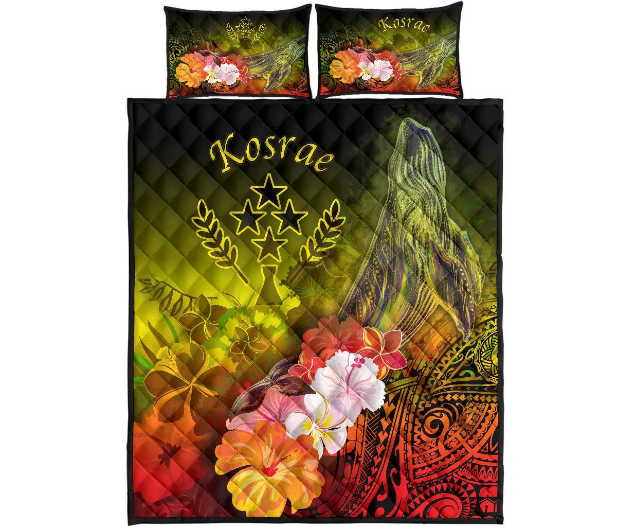 Kosrae Quilt Bed Set - Humpback Whale with Tropical Flowers (Yellow) - Polynesian Pride