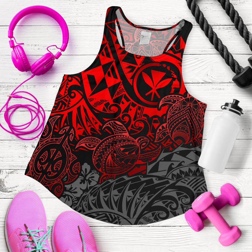 Polynesian Hawaii (Kanaka Maoli) Women's Racerback Tank - Red Turtle Hibiscus Flowing Red - Polynesian Pride