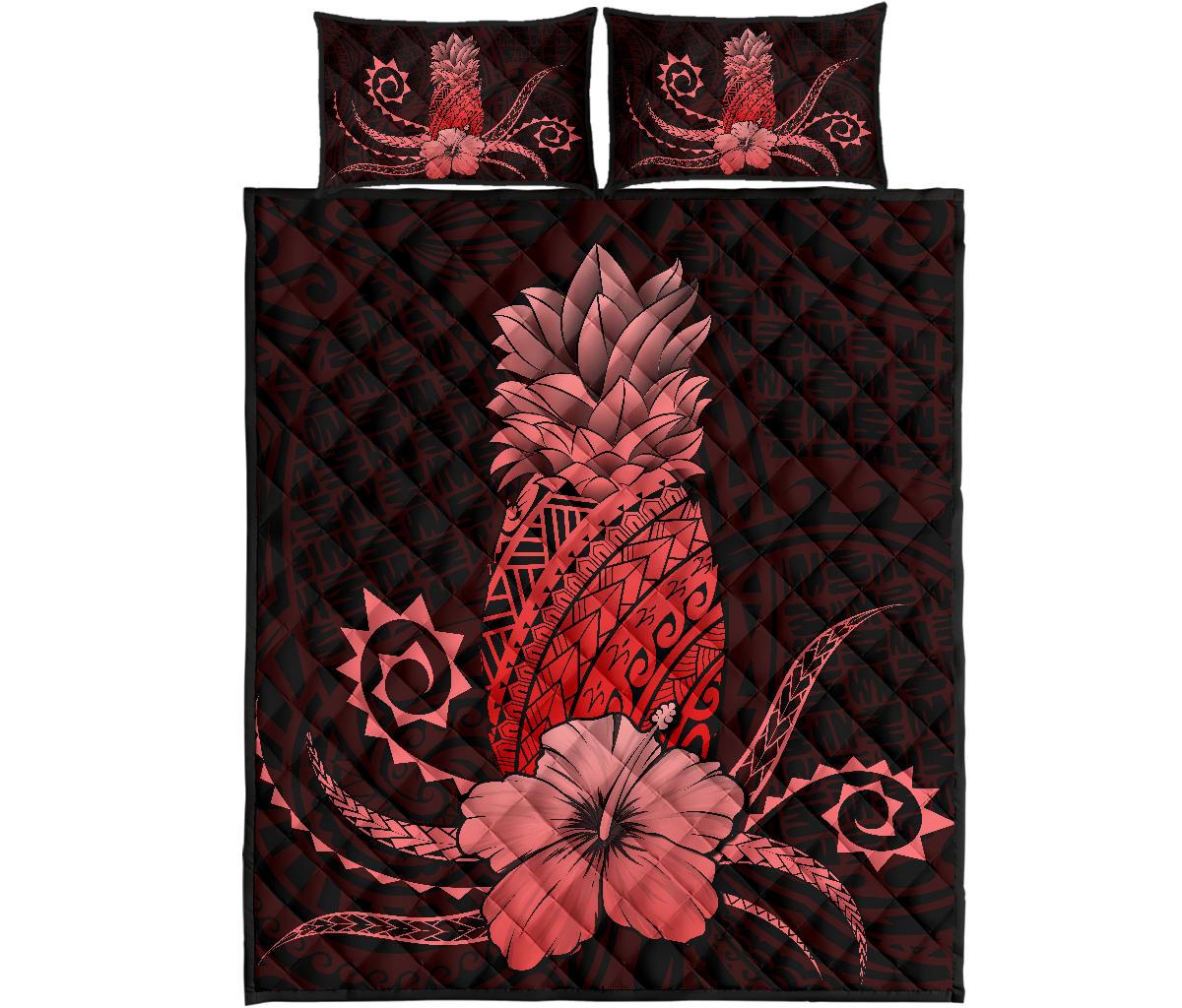 Hawaii Polynesian Pineapple Hibiscus Quilt Bed Set - Zela Style Red Red - Polynesian Pride