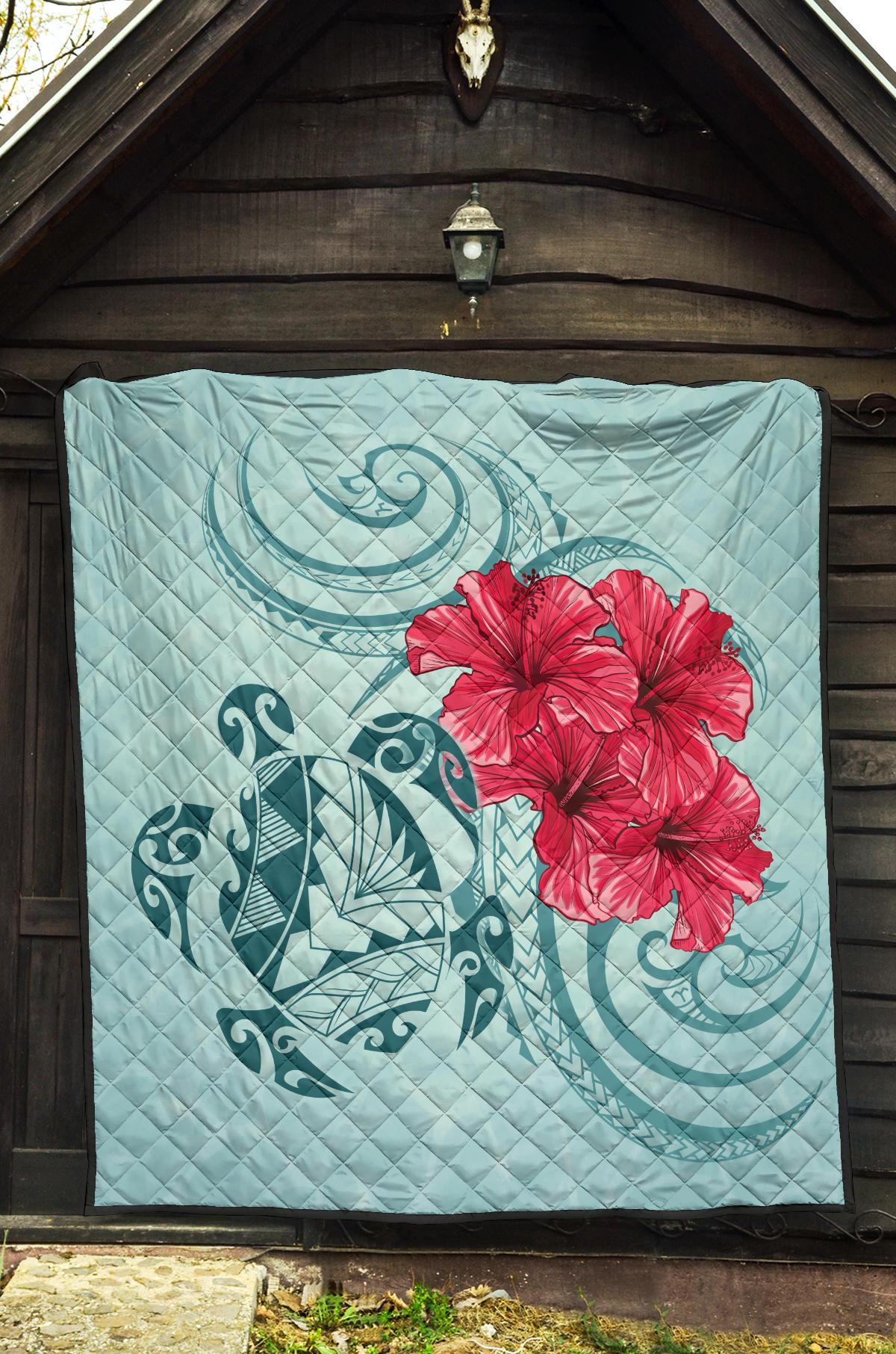 Hawaii Polynesian Turtle Hibiscus Blue Premium Quilt - Bless Style - Polynesian Pride