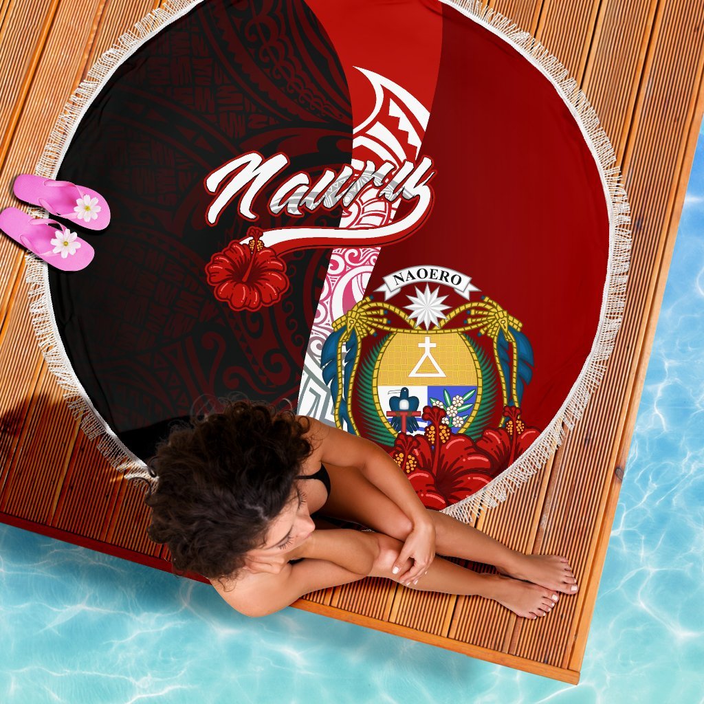 Nauru Polynesian Beach Blanket - Coat Of Arm With Hibiscus - Polynesian Pride