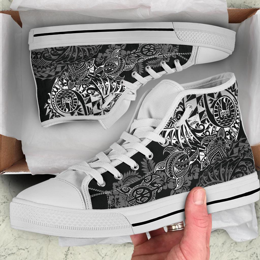 Tahiti Polynesian High Top Shoes - White Turtle Hibiscus Flowing - Polynesian Pride