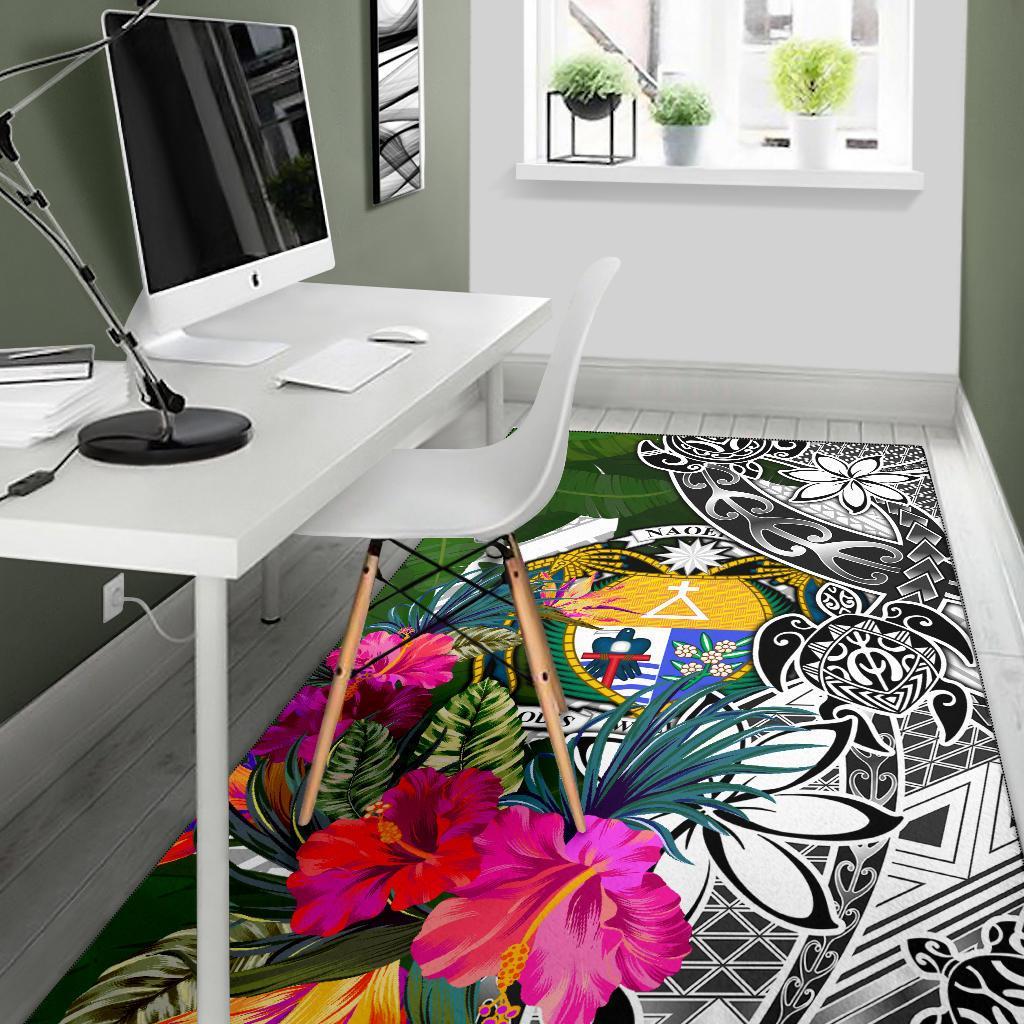 Nauru Area Rug White - Turtle Plumeria Banana Leaf Crest - Polynesian Pride