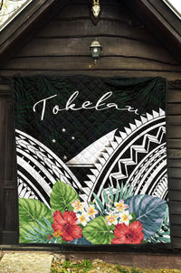 Tokelau Premium Quilt - Tokelau Coat of Arms & Polynesian Tropical Flowers White - Polynesian Pride