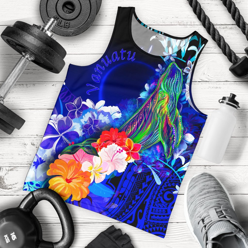 Vanuatu Men's Tank Top - Humpback Whale with Tropical Flowers (Blue) Blue - Polynesian Pride