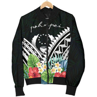 Pohnpei Men's Bomber Jacket - Pohnpei Caledonia Coat of Arms & Polynesian Tropical Flowers White - Polynesian Pride
