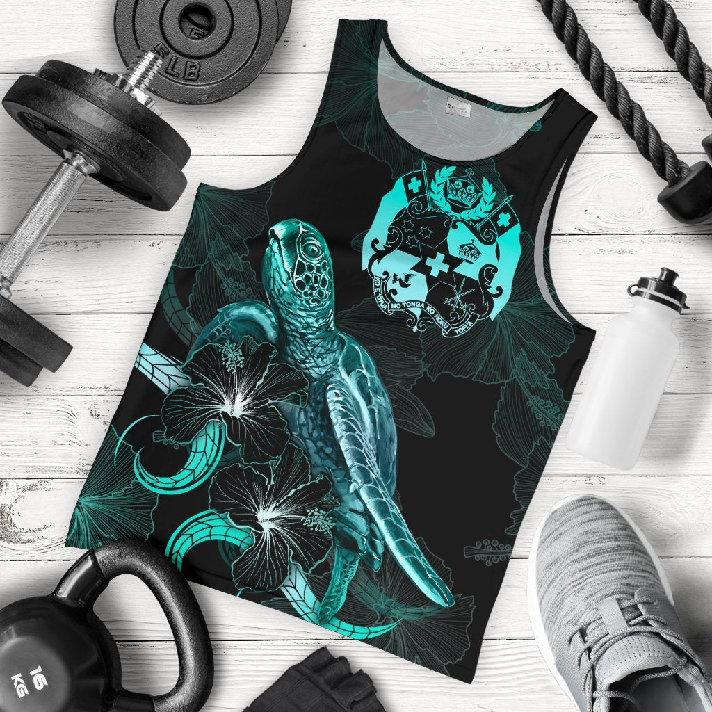 Tonga Polynesian Men Tank Top - Turtle With Blooming Hibiscus Tuquoise Turquoise - Polynesian Pride