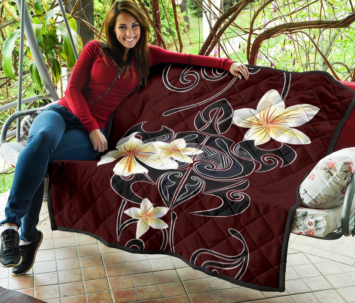 Turtle Poly Tribal Plumeria Red Premium Quilt - Polynesian Pride