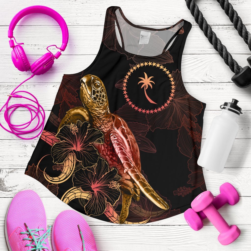 Chuuk Polynesian Women Tank Top - Turtle With Blooming Hibiscus Gold Gold - Polynesian Pride