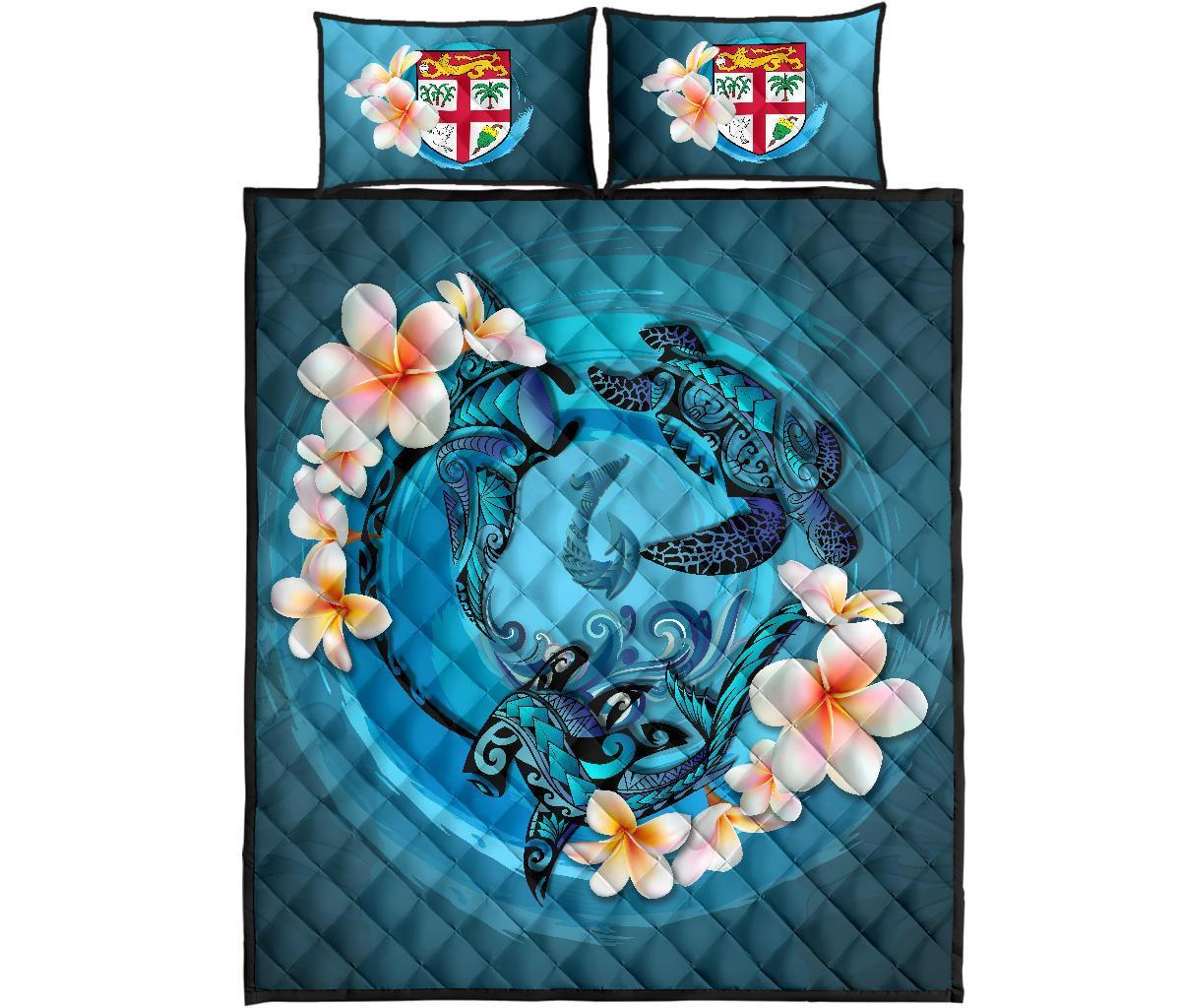 Fiji Polynesian Quilt Bed Set - Blue Plumeria Animal Tattoo - Polynesian Pride