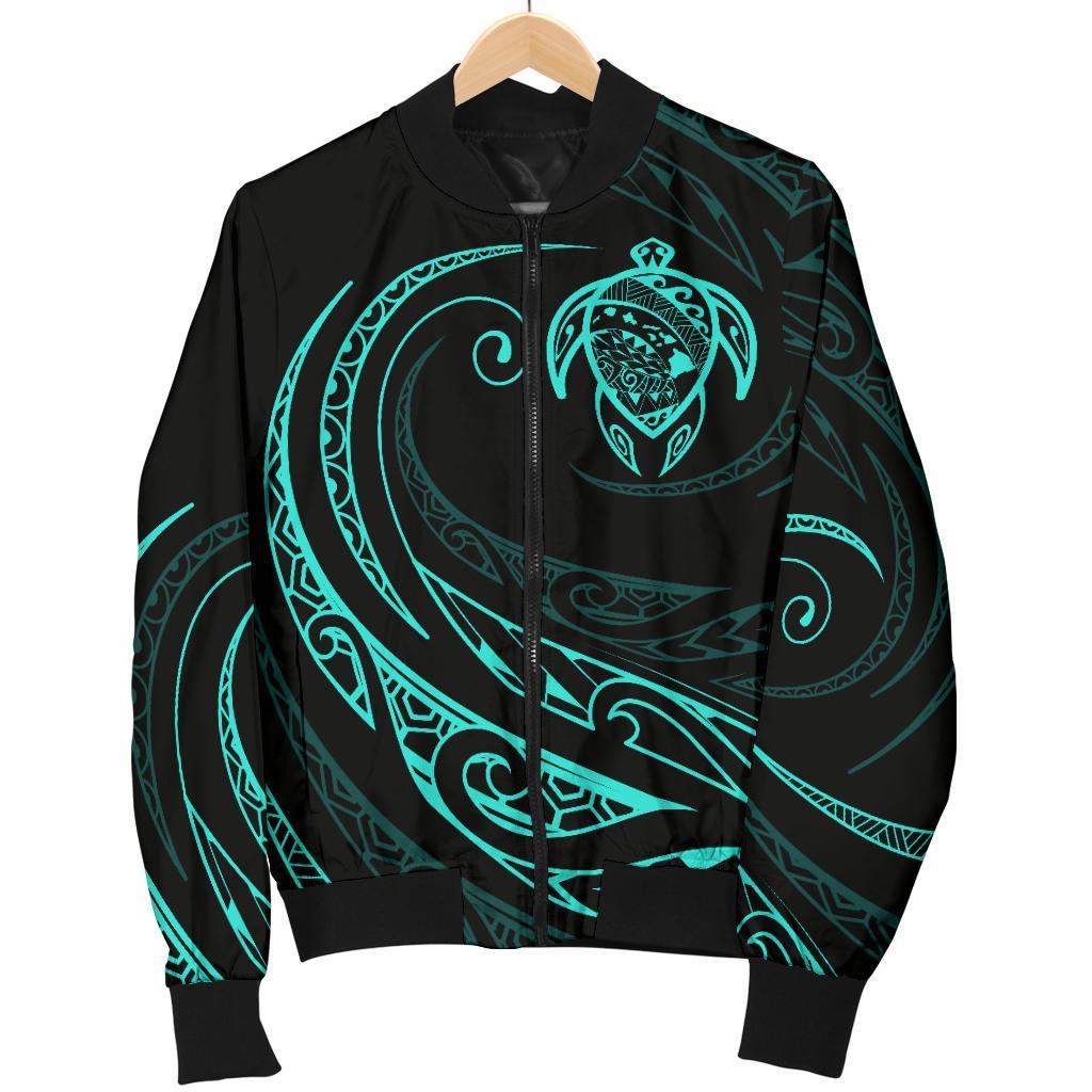 Hawaii Turtle Map Polynesian Women's Bomber Jacket - Turquoise - Frida Style - Polynesian Pride