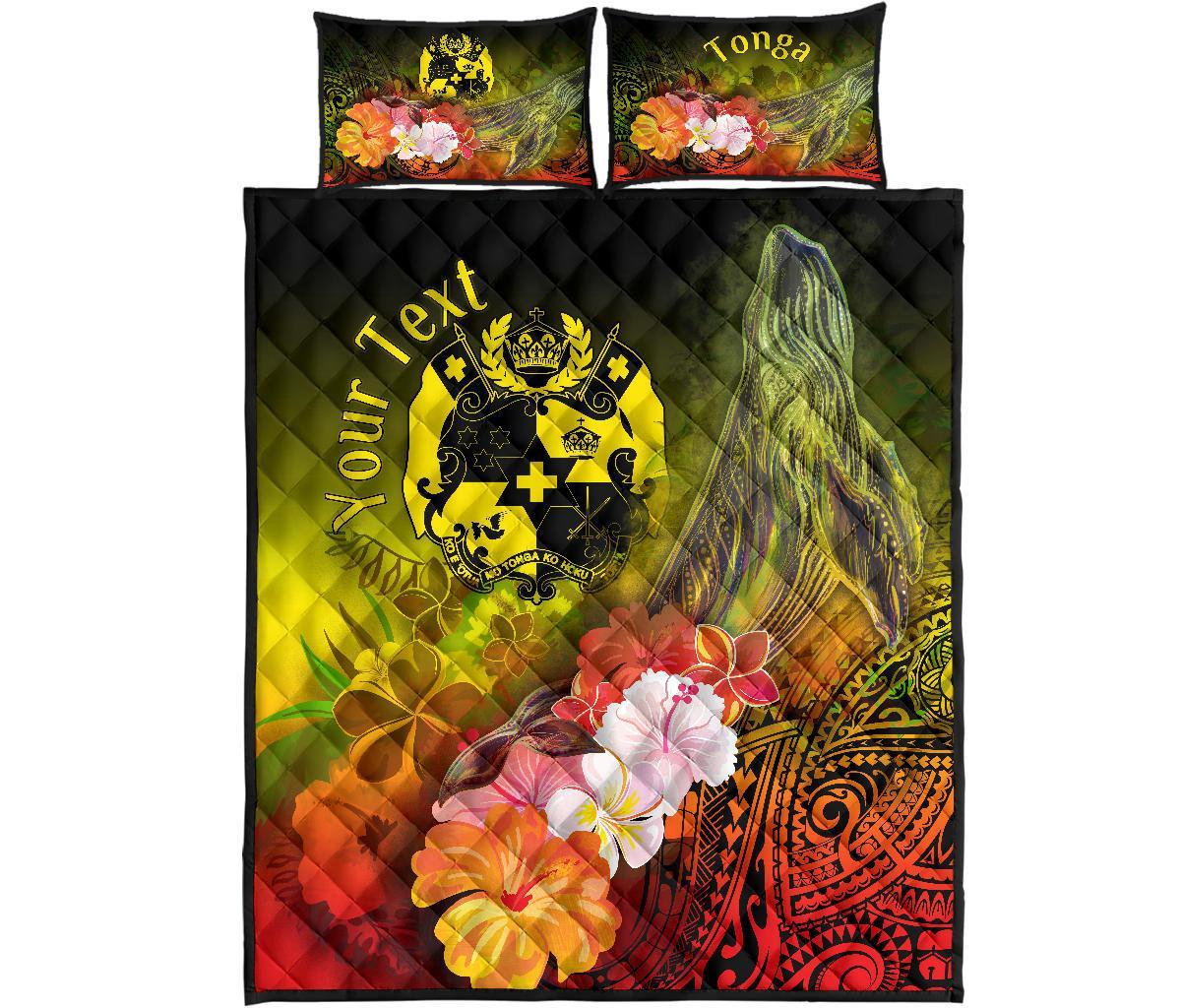 Tonga Custom Personalised Quilt Bed Set - Humpback Whale with Tropical Flowers (Yellow) - Polynesian Pride