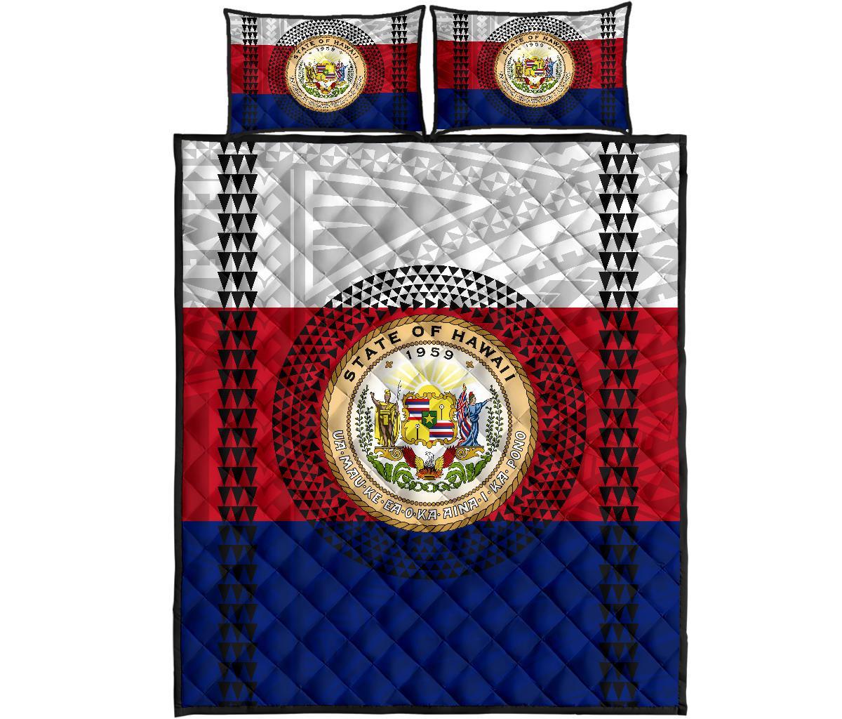 Hawaii Flag Kakau Polynesian Quilt Bed Set - Seal Of Hawaii White - Polynesian Pride