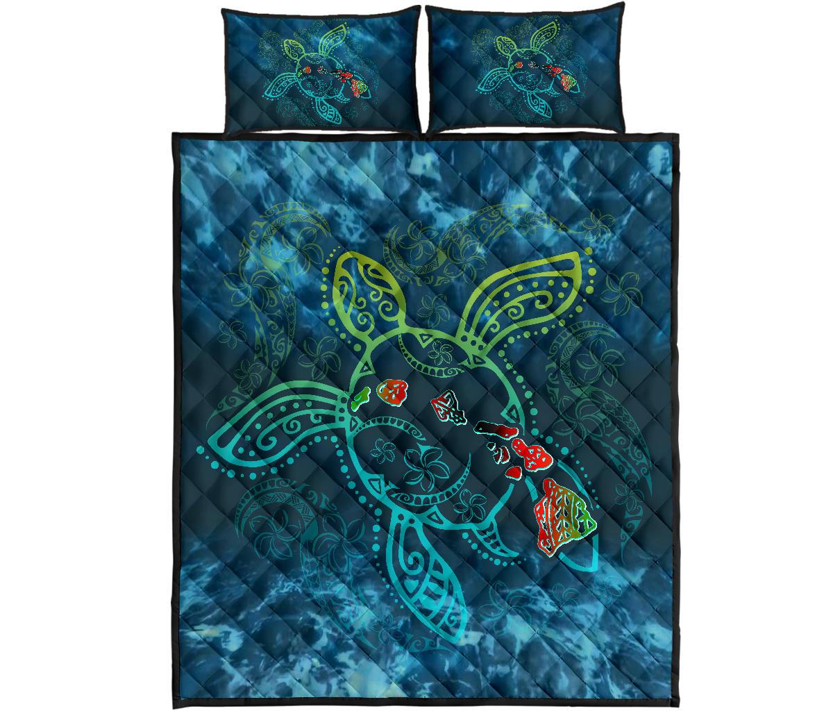Turtle Quilt Bed Set - Hawaii Map Blue - Polynesian Pride
