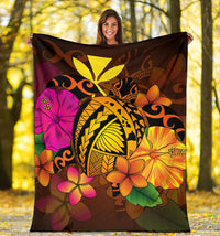 Hawaii Turtle Tribal Map Hibiscus Plumeria Premium Blanket - Polynesian Pride